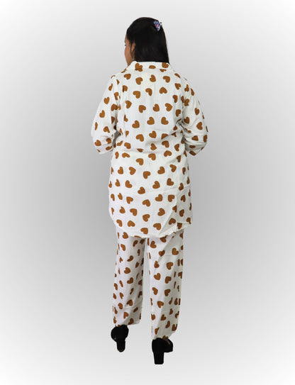 Women's Heart Print Cotton Co-ord Set, White with Brown Hearts, 3/4 Sleeve Top and Pants