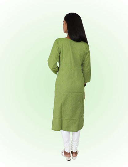 Vedickulture Women's Cotton Kurta with White Trim, Long Sleeve, Green Striped Pattern