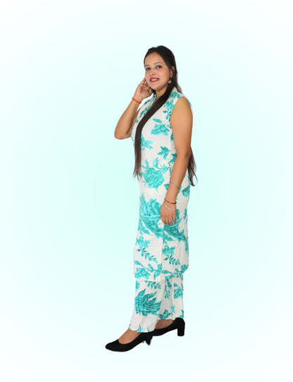Women's Floral Print Sleeveless Co-ord Set, White and Turquoise, Cotton Blend