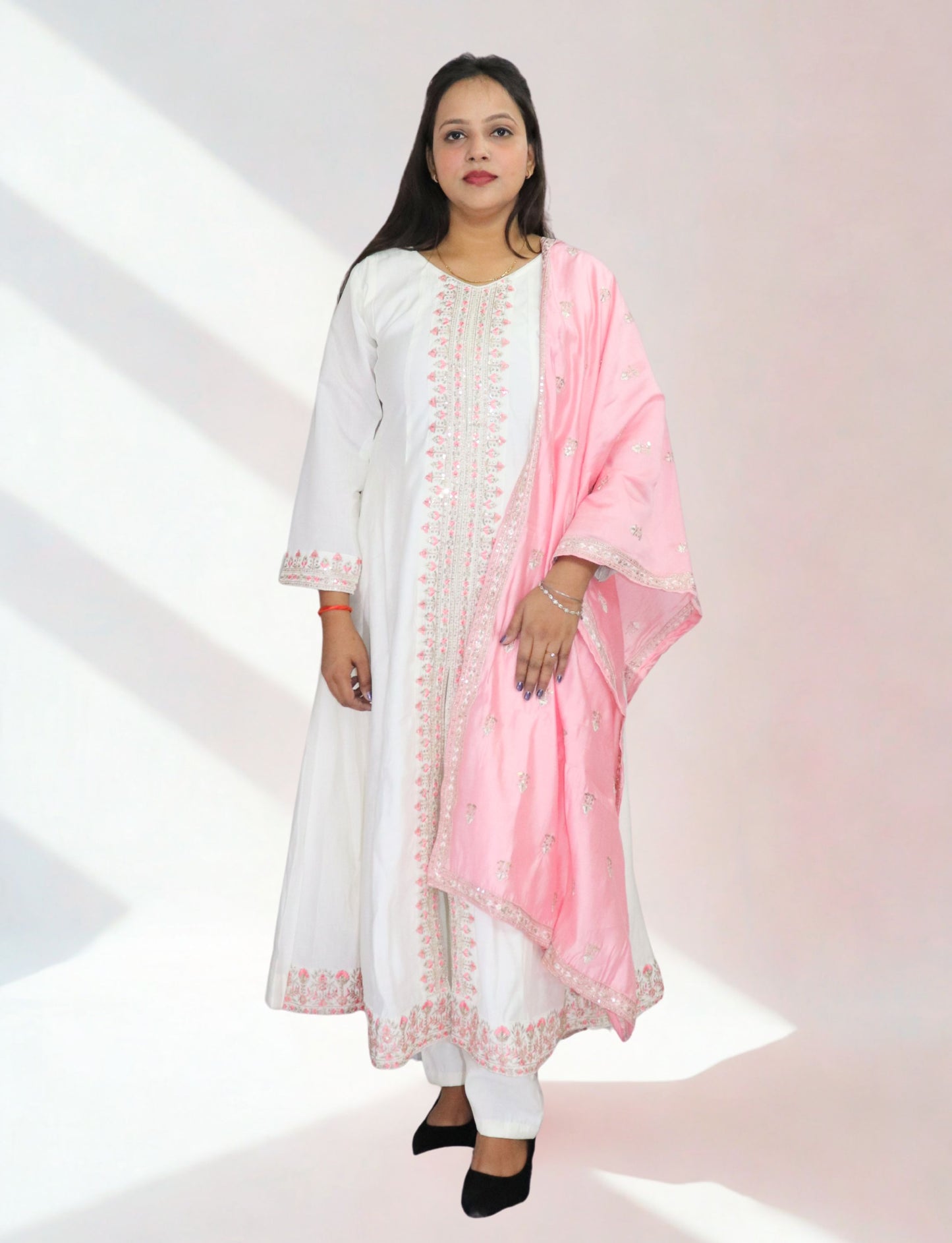 Women's White Cotton Anarkali Suit with Pink Embroidered Details, Matching Dupatta, Long Sleeves