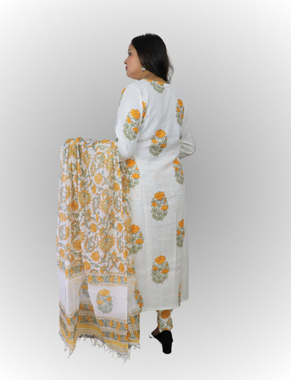 Women's White Cotton Kurta Set with Yellow Floral Print,  Traditional Dupatta