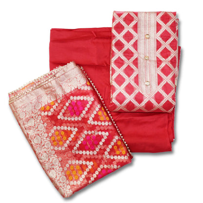 Unstitched partywear suits for women with golden print texture Red