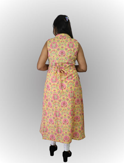 Vedickulture Floral Print Sleeveless Long A-line Kurta, Yellow and Pink, Collared Neck with Belt