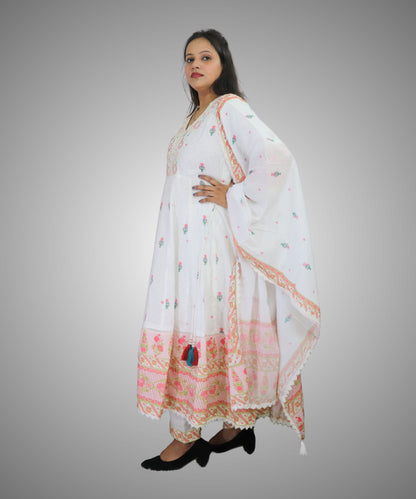 Vedickulture White Cotton Anarkali Suit with Floral Embroidery for Women, Evening wear, 3/4 Sleeves, Dupatta and Pants Set