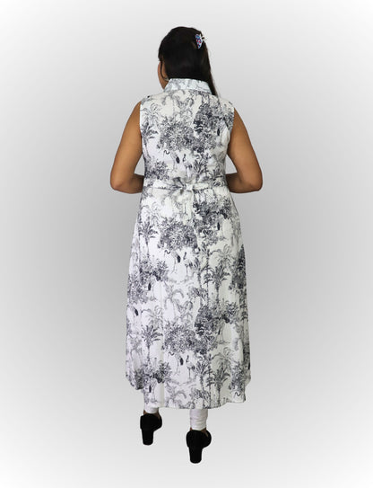 Vedickulture Sleeveless Floral Print Long A-line Kurties, White and Grey Pattern, Collared Neck with Belt