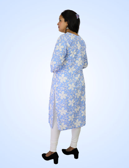 Floral Print Cotton Kurti with V-Neck, 3/4 Sleeves, Light Blue and White