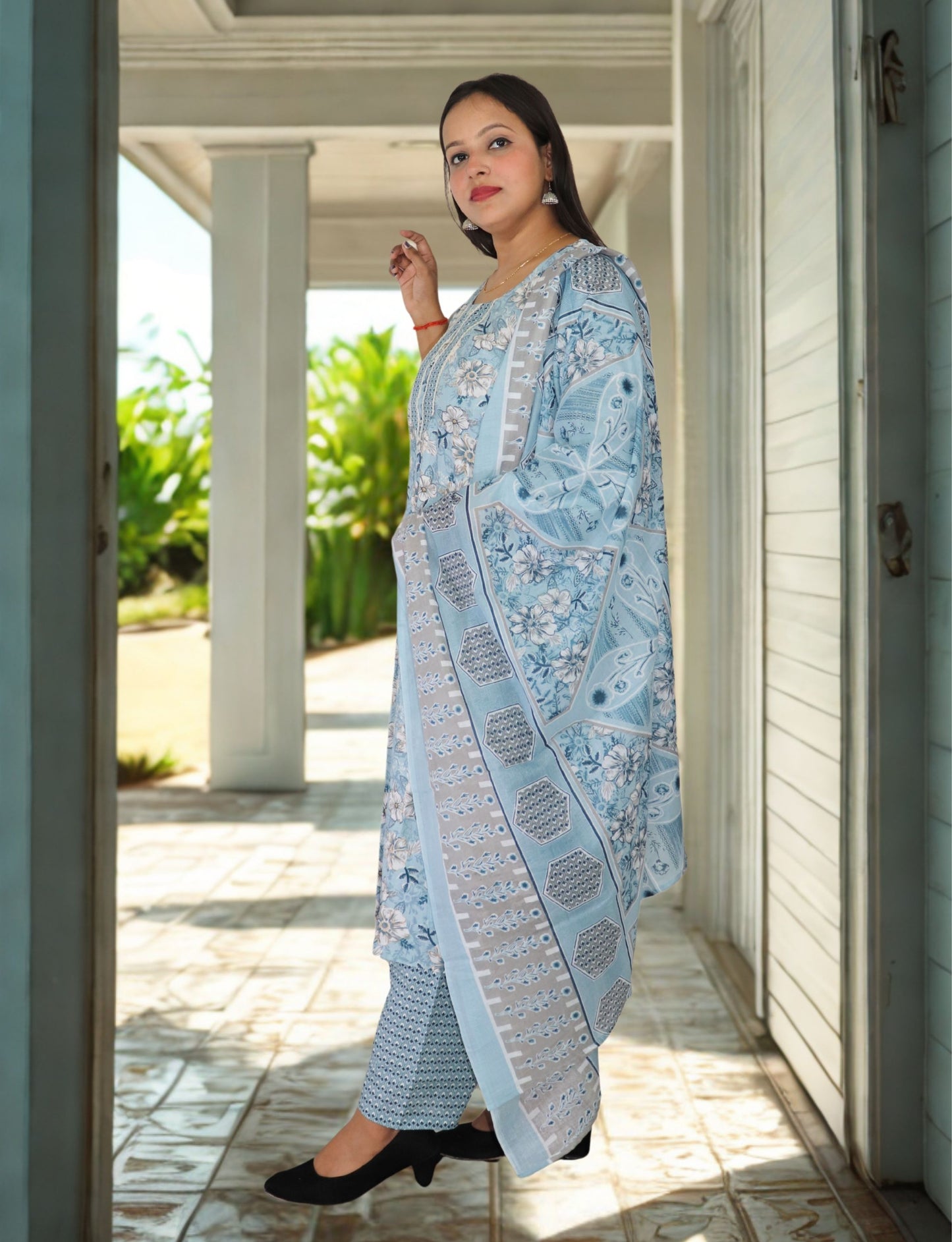 Floral Cotton Salwar Suit Set, Blue with Flowers,  Matching Pants, Dupatta