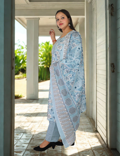 Floral Cotton Salwar Suit Set, Blue with Flowers,  Matching Pants, Dupatta