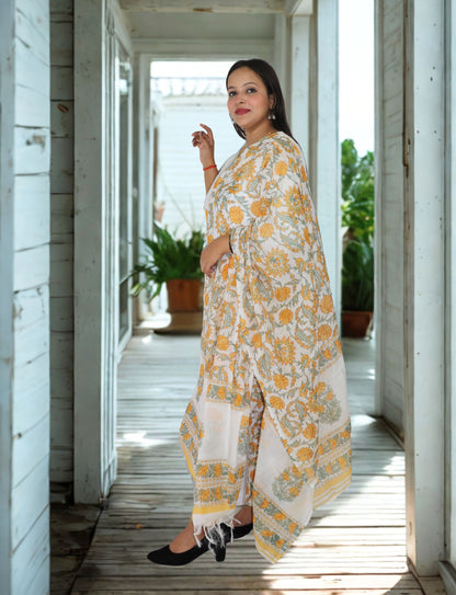 Women's White Cotton Kurta Set with Yellow Floral Print,  Traditional Dupatta
