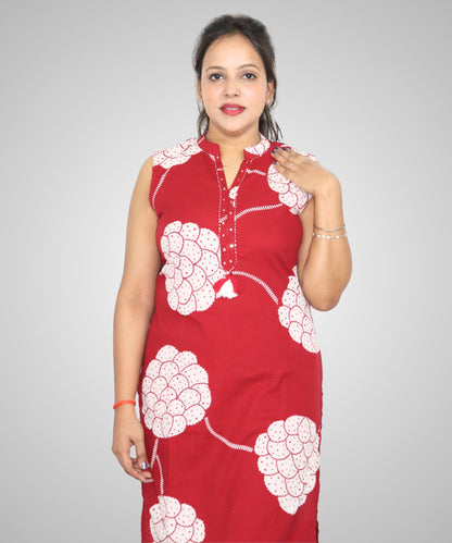 Women's Floral Print Cotton Kurta Set with Mandarin Collar, Sleeveless, Red and White