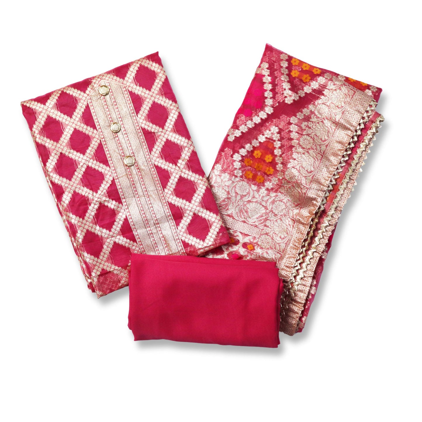 Unstitched partywear suits for women with golden print texture Rani Pink