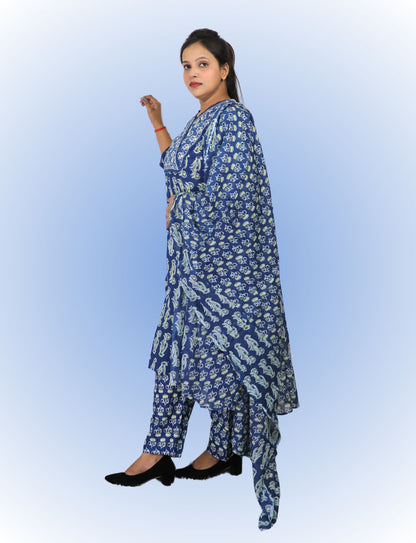 Vedickulture Traditional Cotton Salwar Kameez Set, Blue Block Print, V-Neck, Full Sleeves