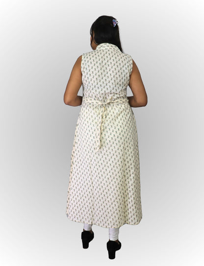 Vedickulture Floral Print Sleeveless Long A-line Kurties, Cotton, Off-White, Collared Neck with Belt
