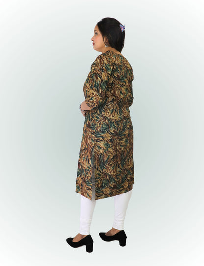 Women's Printed Cotton Kurti, 3/4 Sleeve, Brown and Green Leaf Pattern, Casual Wear