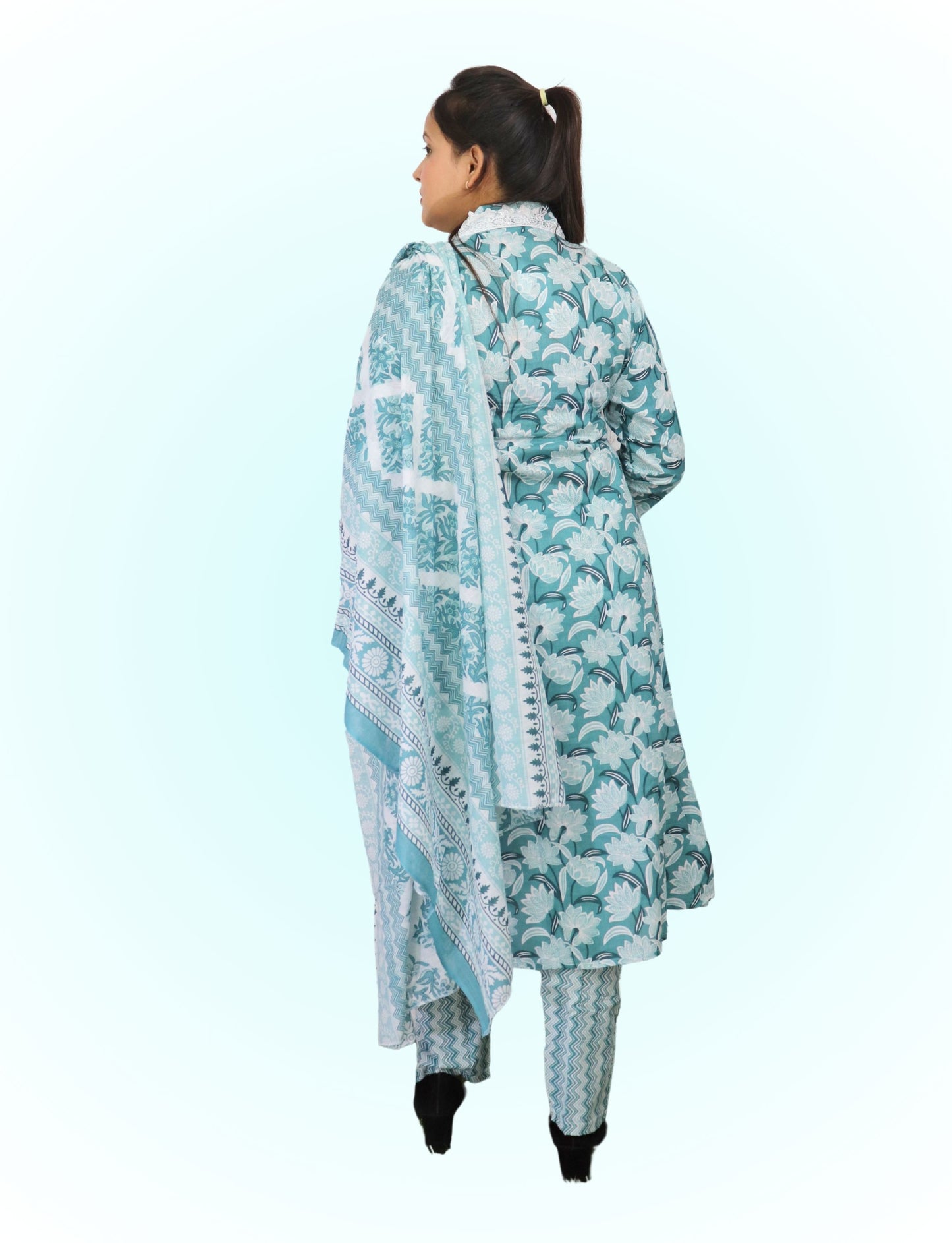 Floral Print Cotton Salwar Suit Set, Turquoise Blue and White, Ethnic Indian Wear with Dupatta
