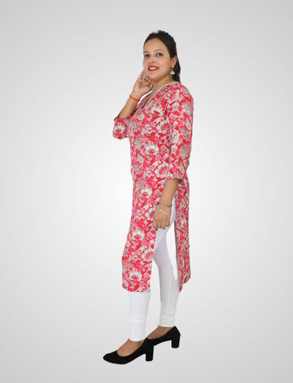 Floral Print Cotton Kurti with Pearl V-Neck, 3/4 Sleeves, Red and Grey, Casual Wear