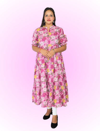 Floral Anarkali Kurti with Puff Sleeves, Pink Floral Print, Mandarin Collar, Tiered Design