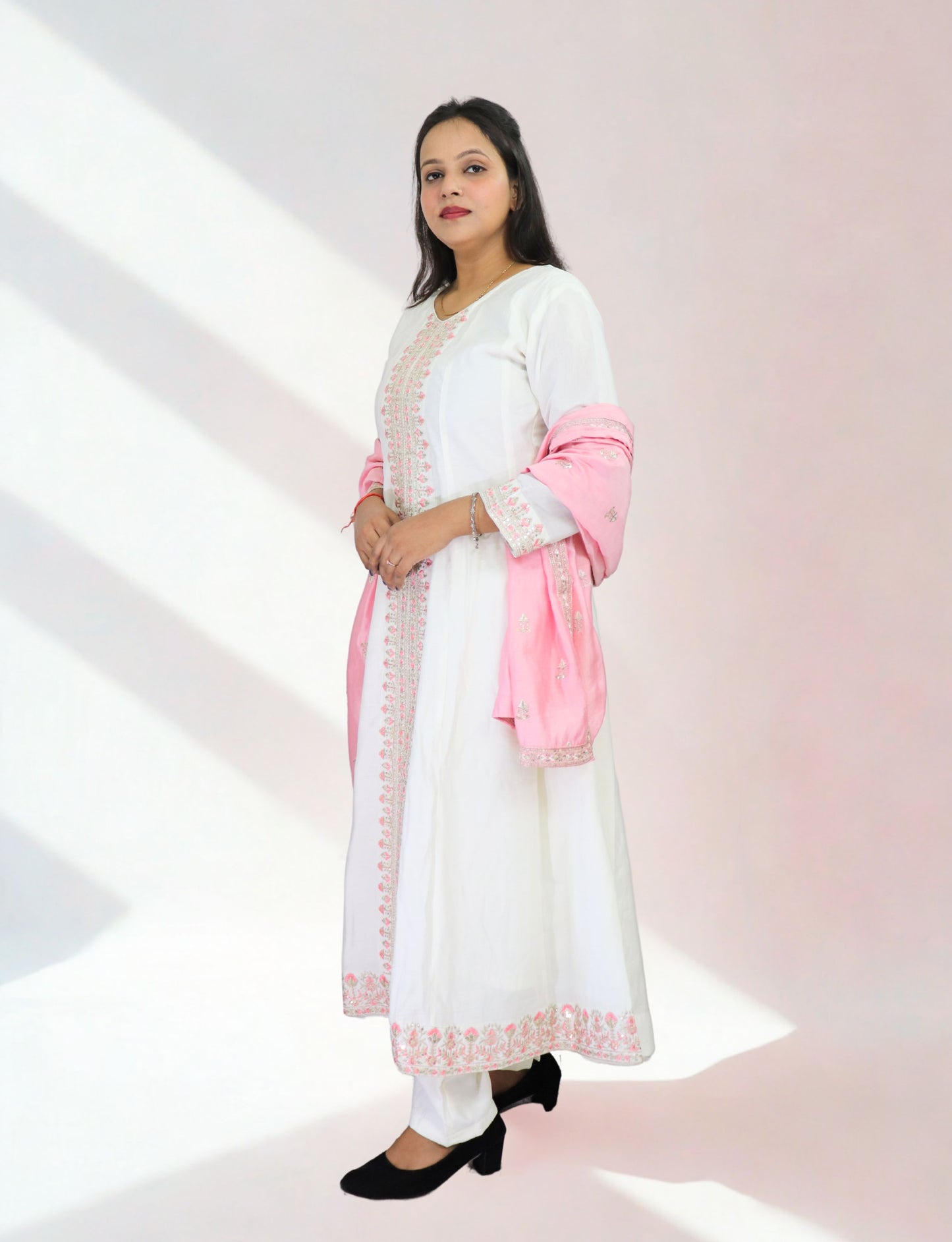 Women's White Cotton Anarkali Suit with Pink Embroidered Details, Matching Dupatta, Long Sleeves