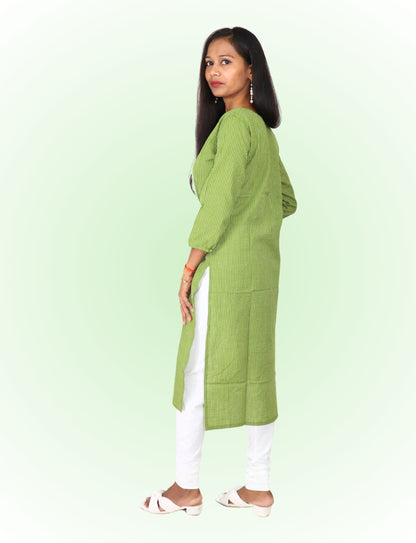 Vedickulture Women's Cotton Kurta with White Trim, Long Sleeve, Green Striped Pattern