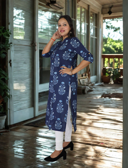 Vedickulture Women's Floral Print Cotton Kurti, Navy Blue with Light Blue Pattern, 3/4 Sleeves, Button Front Search this page