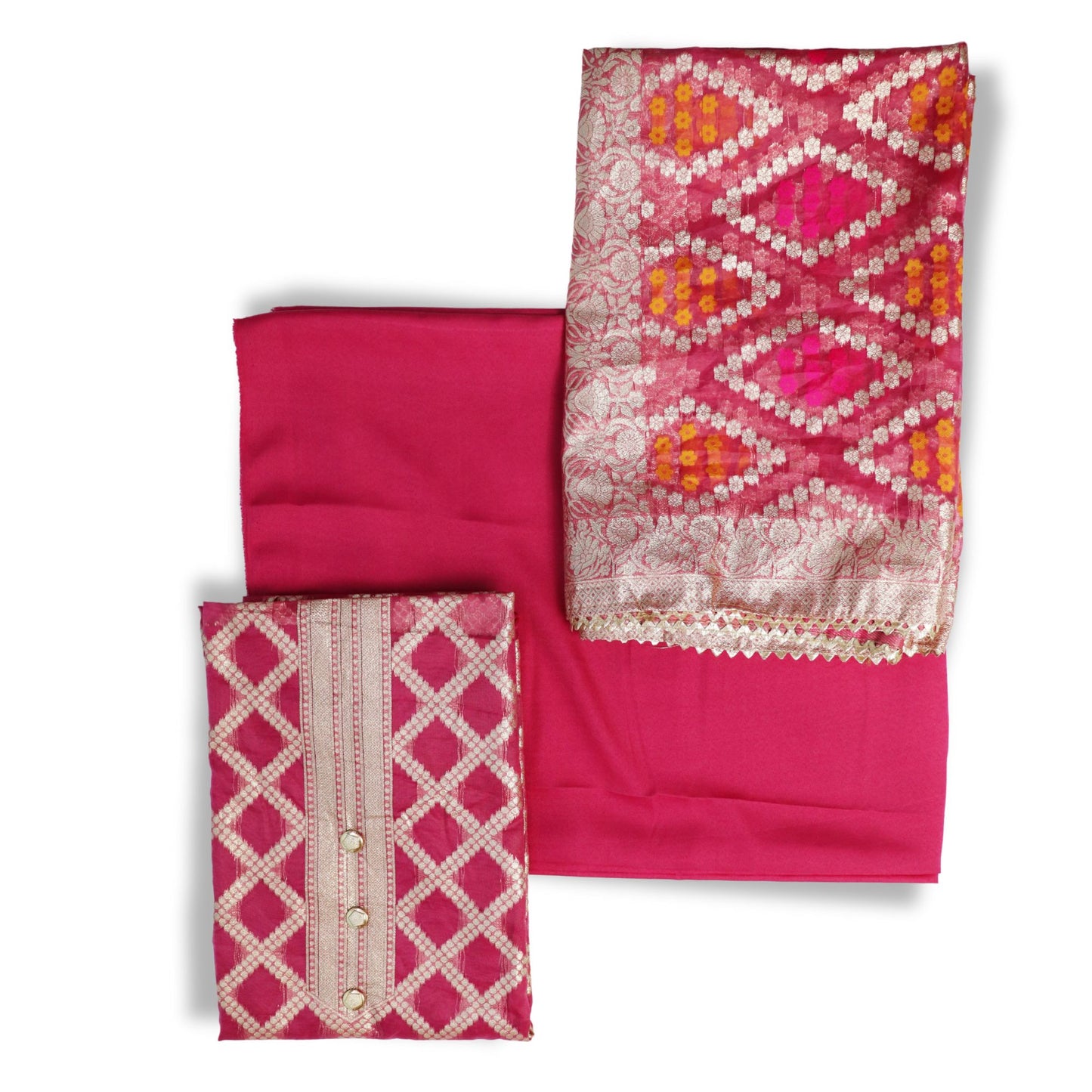 Unstitched partywear suits for women with golden print texture Rani Pink