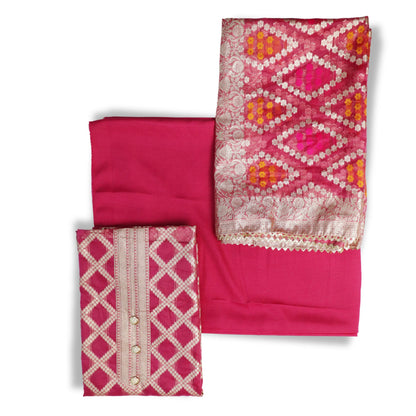 Unstitched partywear suits for women with golden print texture Rani Pink