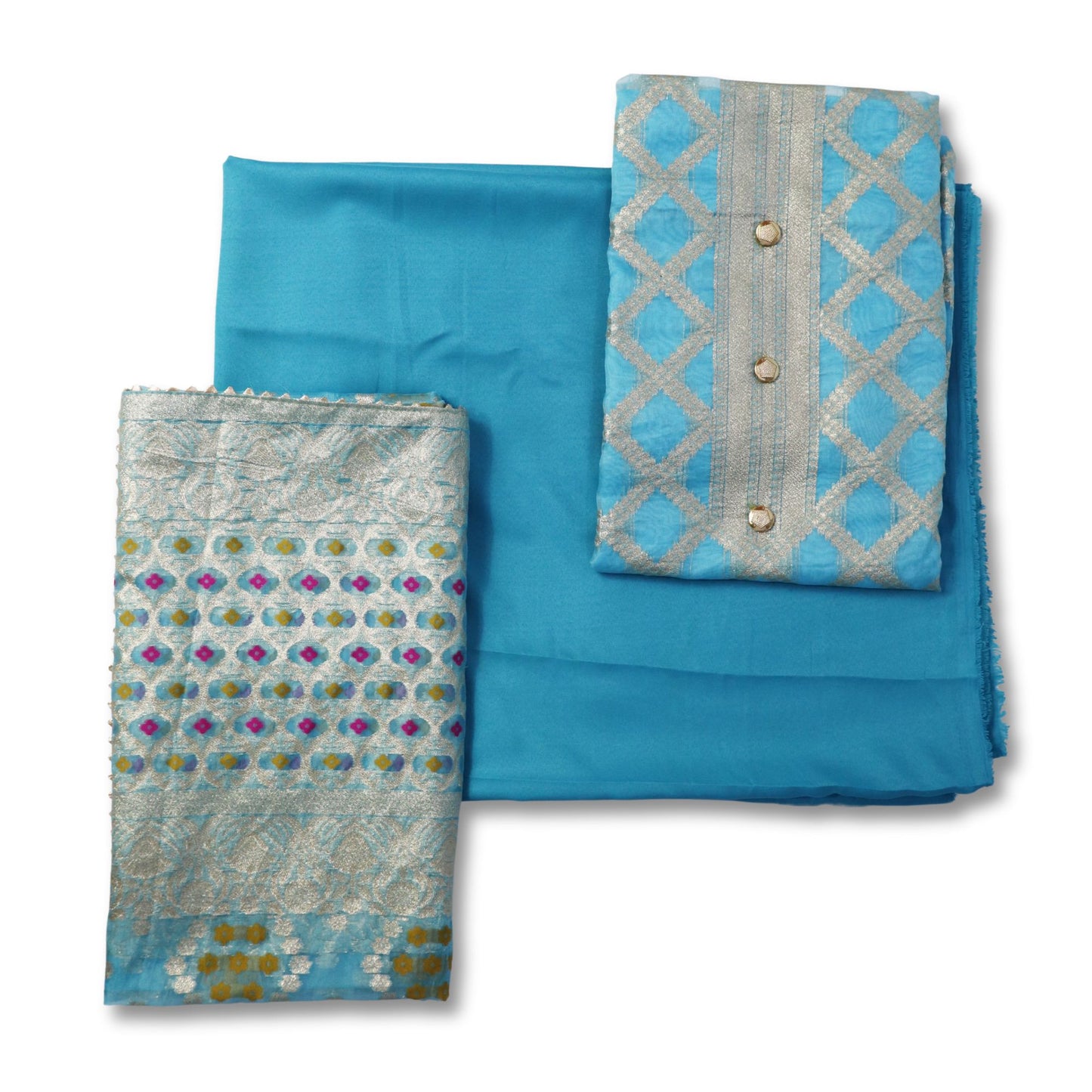 Unstitched partywear suits for women with golden print texture Blue