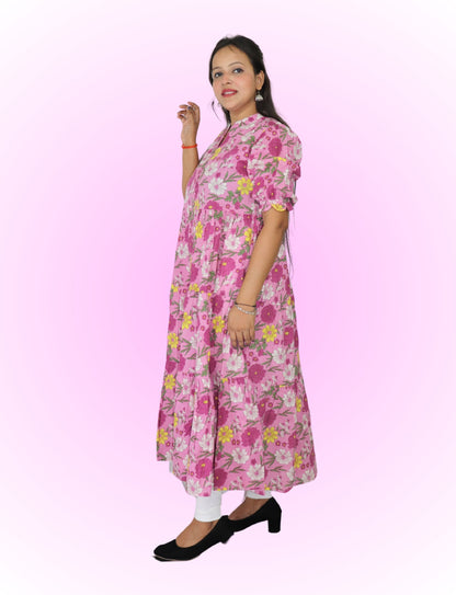 Floral Anarkali Kurti with Puff Sleeves, Pink Floral Print, Mandarin Collar, Tiered Design
