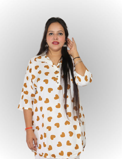 Women's Heart Print Cotton Co-ord Set, White with Brown Hearts, 3/4 Sleeve Top and Pants