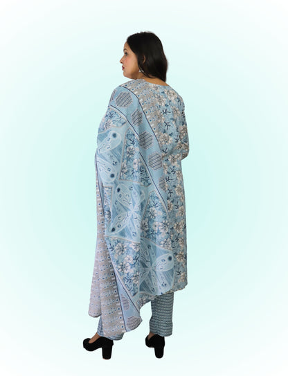 Floral Cotton Salwar Suit Set, Blue with Flowers,  Matching Pants, Dupatta