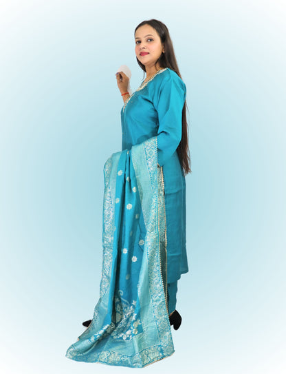 Traditional Turquoise Cotton blend with silk Salwar Suit with Embroidered Dupatta, Full Length