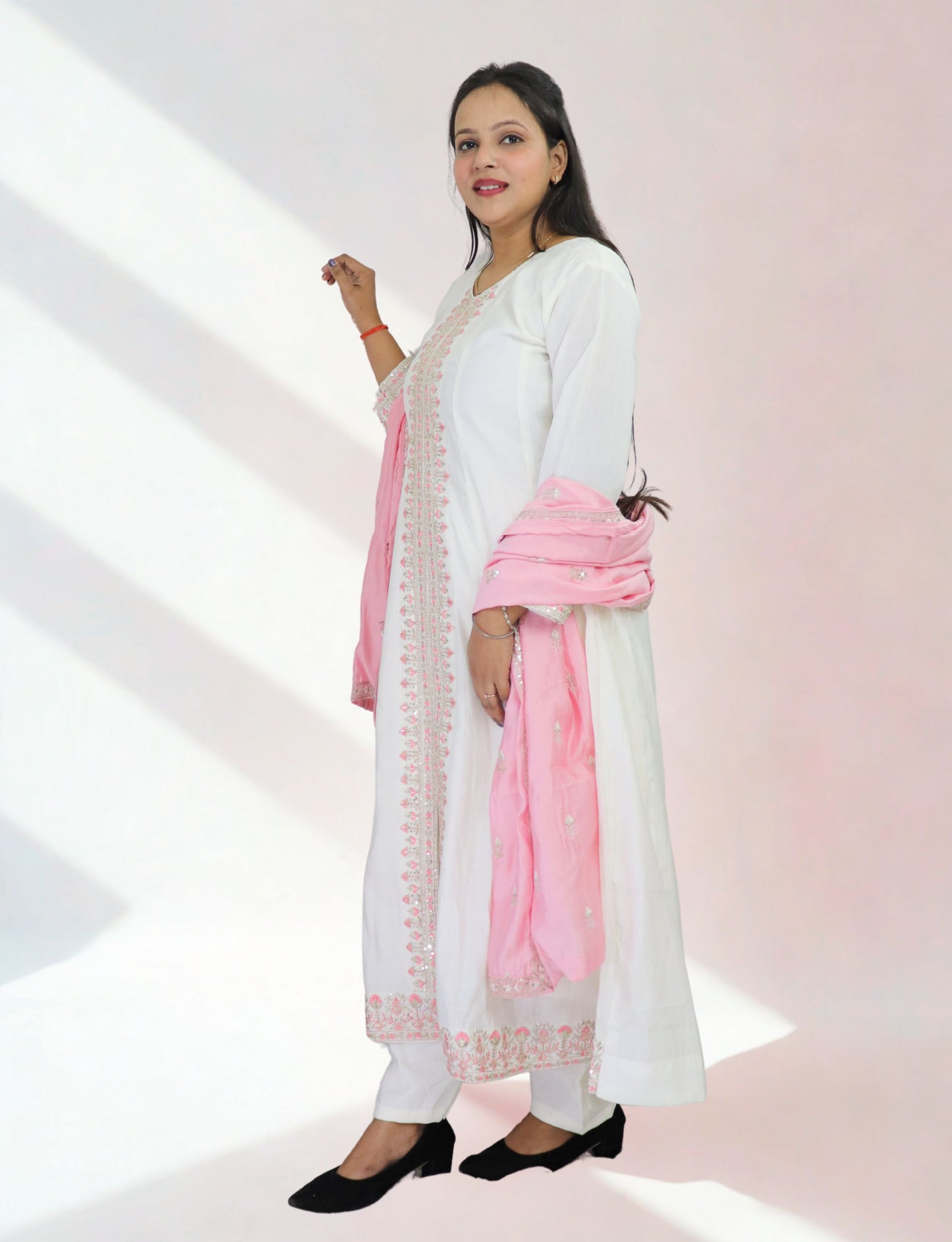 Women's White Cotton Anarkali Suit with Pink Embroidered Details, Matching Dupatta, Long Sleeves