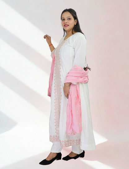 Women's White Cotton Anarkali Suit with Pink Embroidered Details, Matching Dupatta, Long Sleeves