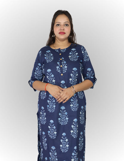 Vedickulture Women's Floral Print Cotton Kurti, Navy Blue with Light Blue Pattern, 3/4 Sleeves, Button Front Search this page