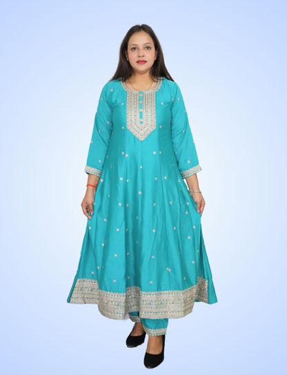 Traditional Turquoise Embroidered Anarkali Suit Set with Yellow Dupatta, 3-Piece Ethnic Wear