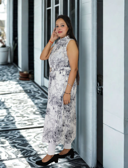 Vedickulture Sleeveless Floral Print Long A-line Kurties, White and Grey Pattern, Collared Neck with Belt