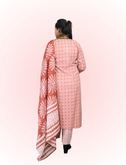 Cotton Printed Salwar Suit Set, Coral Pink Floral Pattern, 3/4 Sleeve Kurta with Salwar and Dupatta