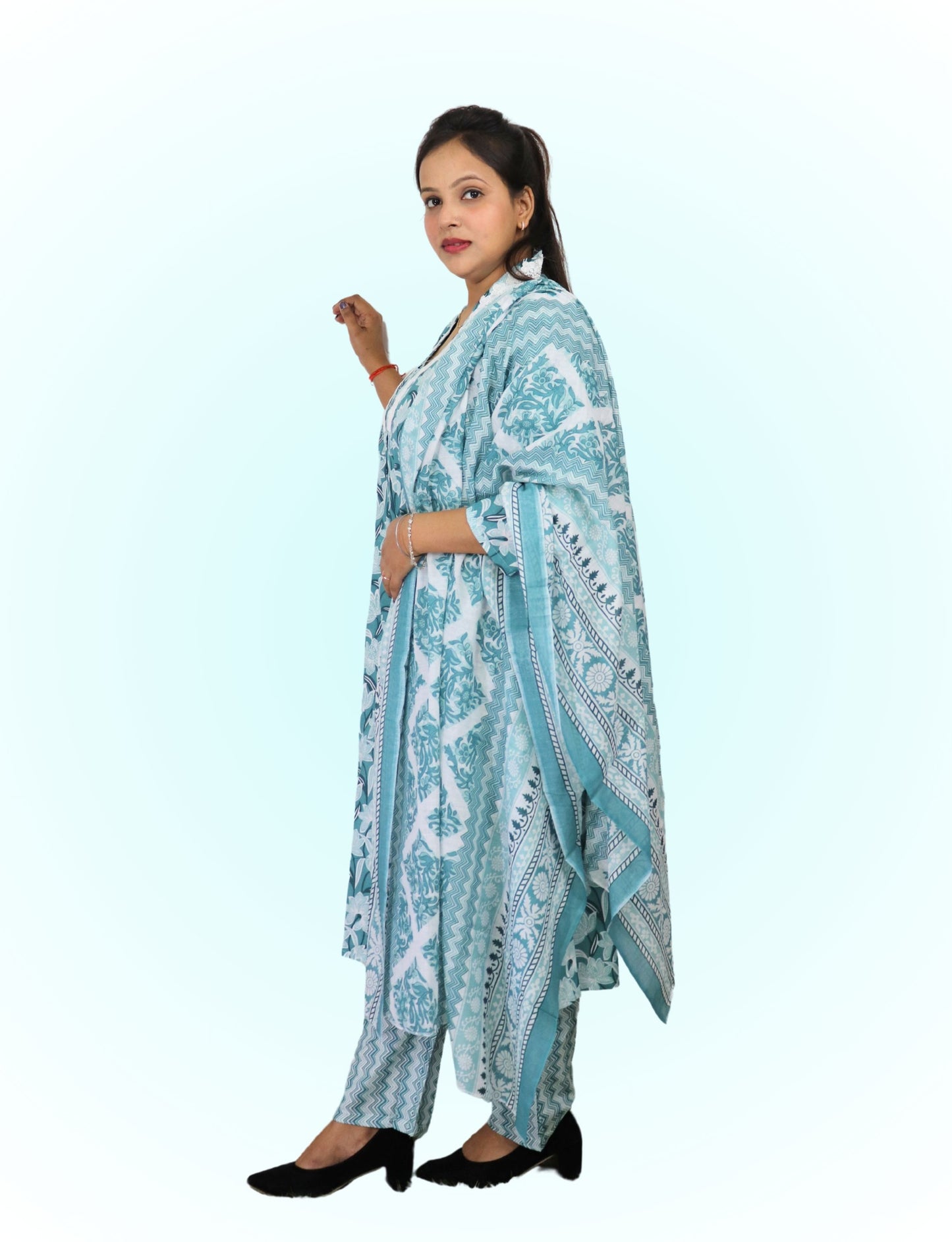 Floral Print Cotton Salwar Suit Set, Turquoise Blue and White, Ethnic Indian Wear with Dupatta