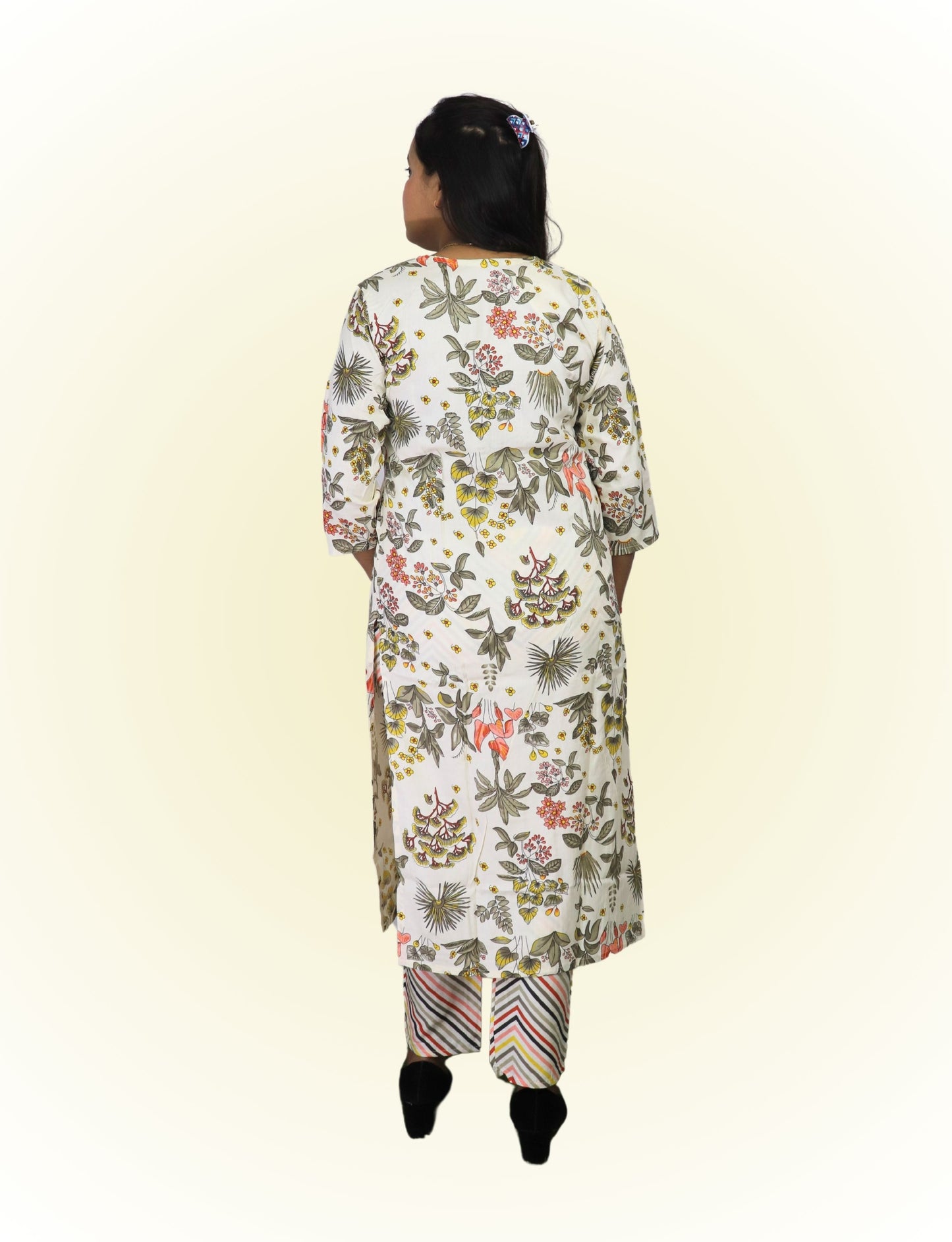 Women's Floral Print Cotton Salwar Suit Set with Embellished Neckline, 3/4 Sleeves, Chevron Dupatta, White and Multicolor