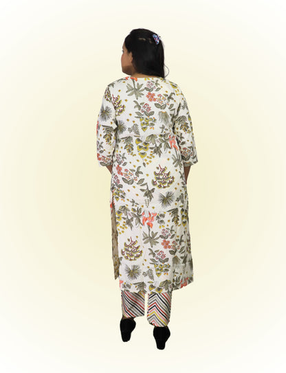 Women's Floral Print Cotton Salwar Suit Set with Embellished Neckline, 3/4 Sleeves, Chevron Dupatta, White and Multicolor