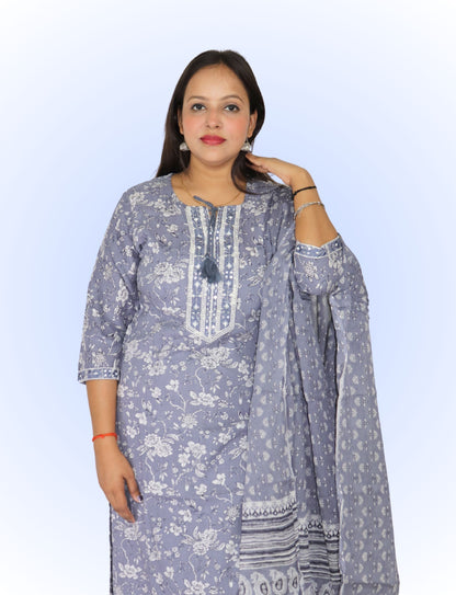 Women's Floral Print Cotton Salwar Suit Set, Grey and White,  with Dupatta