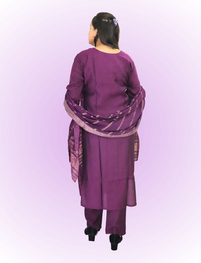 Traditional Purple Cotton Salwar Suit Set with Embroidered Kurta, Salwar and Dupatta