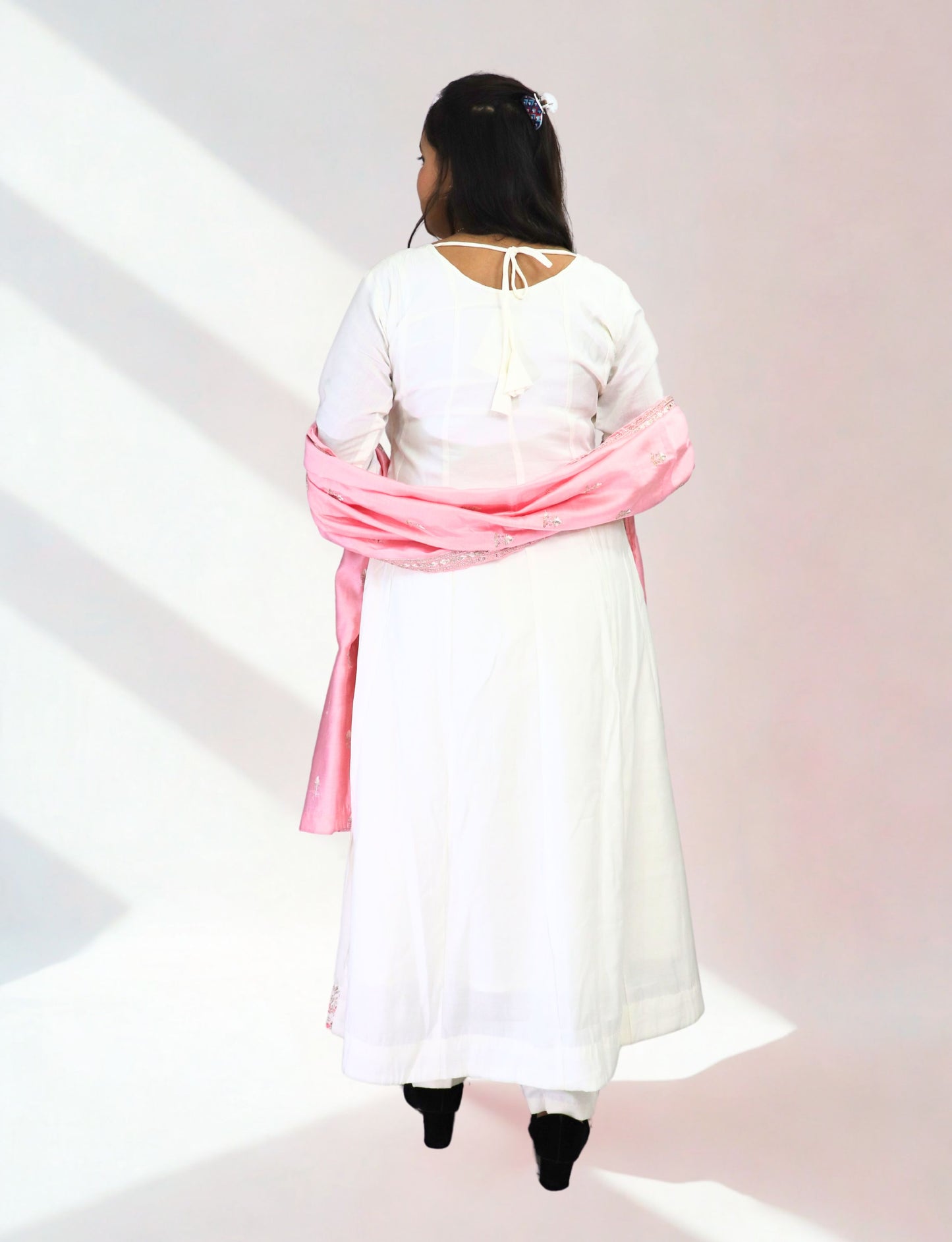 Women's White Cotton Anarkali Suit with Pink Embroidered Details, Matching Dupatta, Long Sleeves