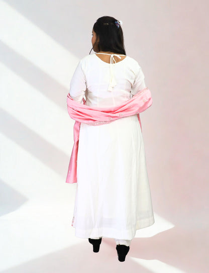 Women's White Cotton Anarkali Suit with Pink Embroidered Details, Matching Dupatta, Long Sleeves