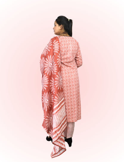 Cotton Printed Salwar Suit Set, Coral Pink Floral Pattern, 3/4 Sleeve Kurta with Salwar and Dupatta