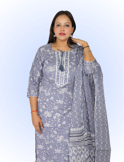 Women's Floral Print Cotton Salwar Suit Set, Grey and White,  with Dupatta