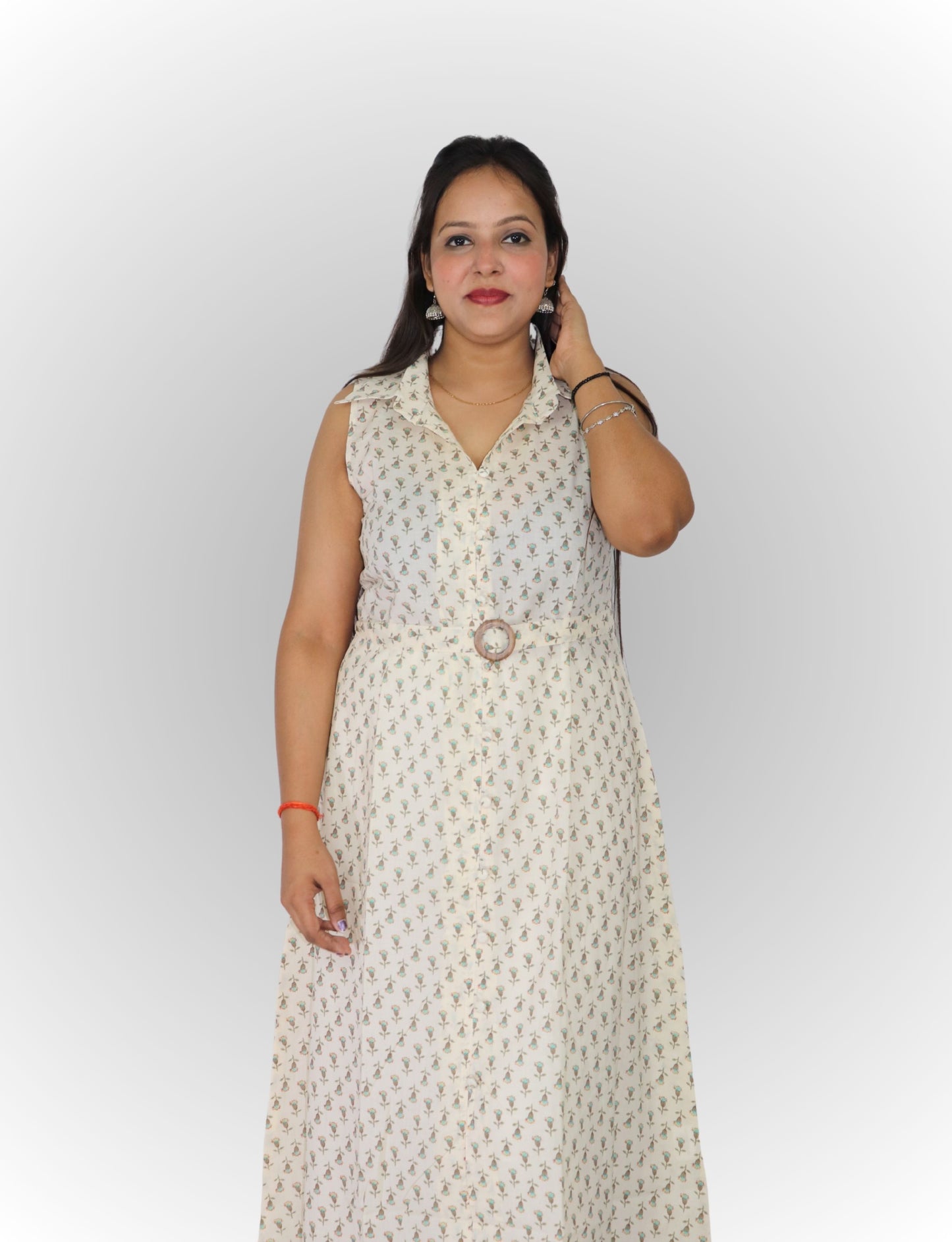 Vedickulture Floral Print Sleeveless Long A-line Kurties, Cotton, Off-White, Collared Neck with Belt