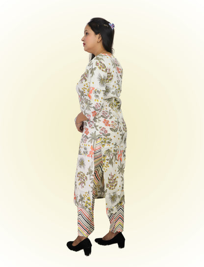 Women's Floral Print Cotton Salwar Suit Set with Embellished Neckline, 3/4 Sleeves, Chevron Dupatta, White and Multicolor