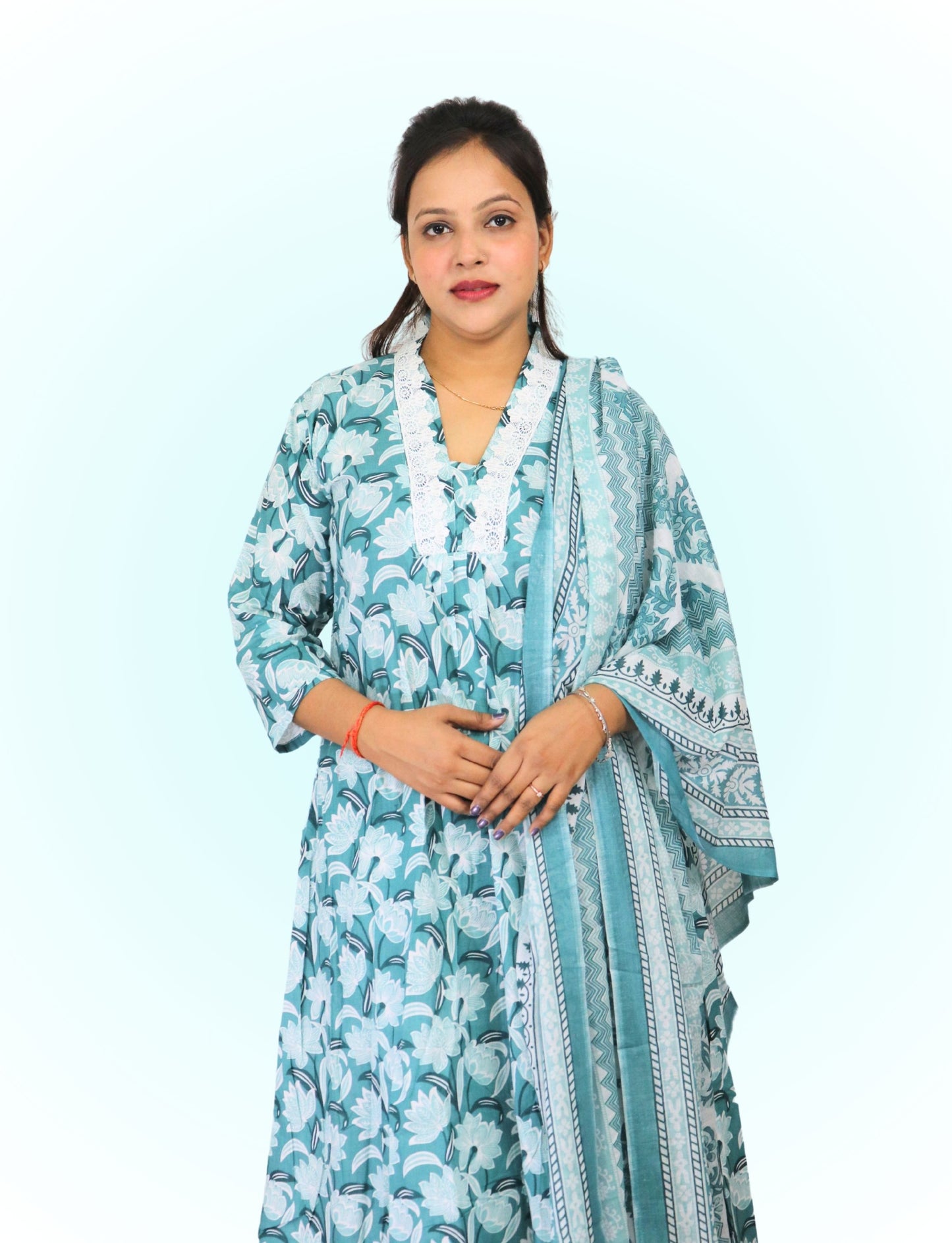 Floral Print Cotton Salwar Suit Set, Turquoise Blue and White, Ethnic Indian Wear with Dupatta