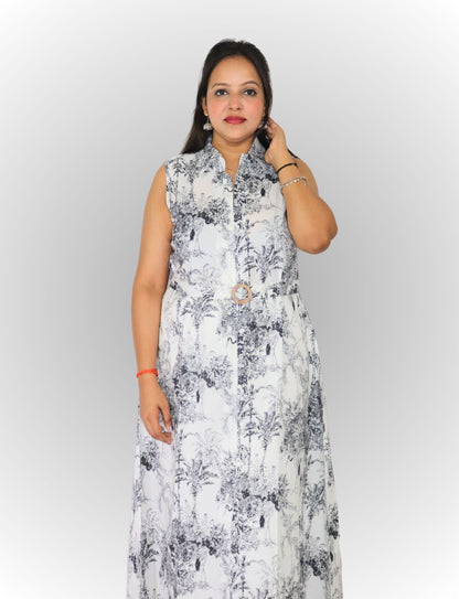 Vedickulture Sleeveless Floral Print Long A-line Kurties, White and Grey Pattern, Collared Neck with Belt